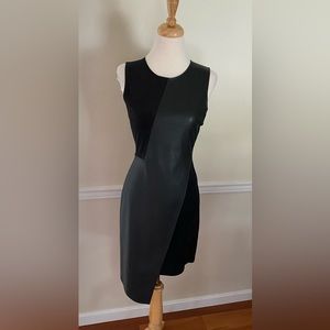 BCBGMAXAZRIA BLACK ASYMMETRICAL FAUX LEATHER AND SUEDE DRESS